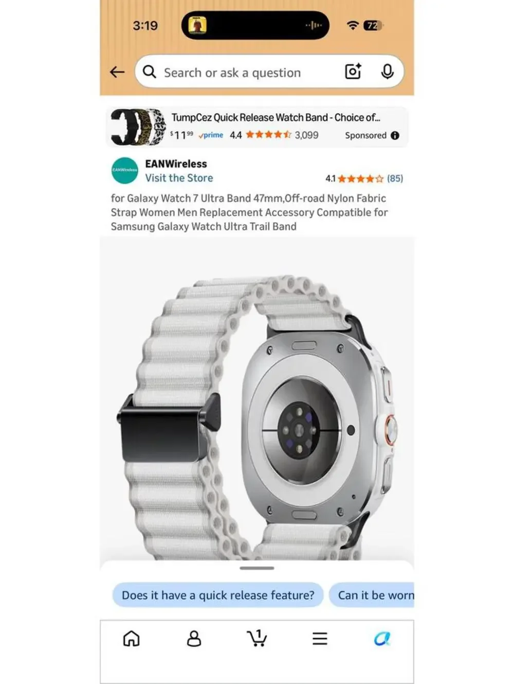 Orange Nylon Quick Release Watch Band for Galaxy Ultra Watch 7 47m